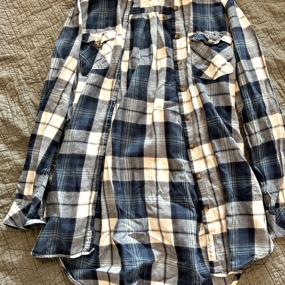 Women's Tunic Length Cotton Midweight Flannel Shirt Navy/Blue